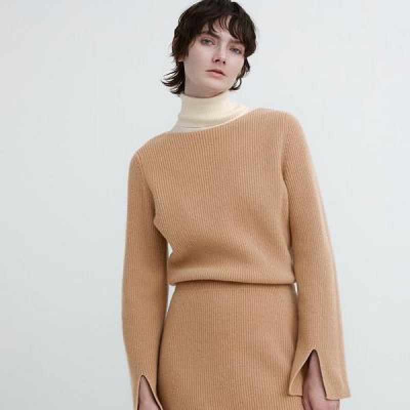 Beige Uniqlo Boat Neck Long-Sleeve Knit Women Dress | 3785648
