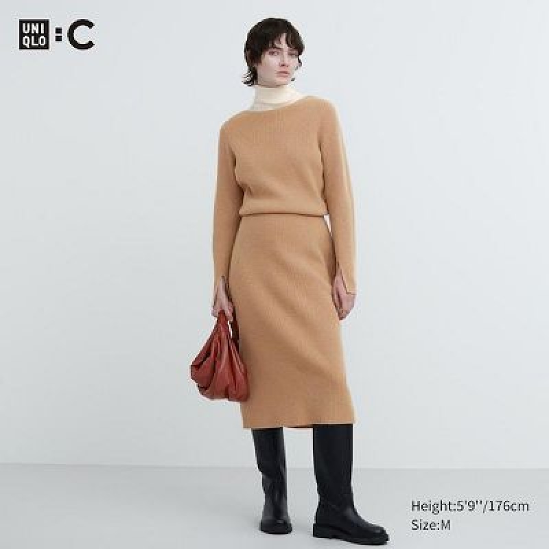 Beige Uniqlo Boat Neck Long-Sleeve Knit Women Dress | 3785648