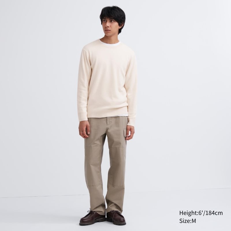 Beige Uniqlo Cashmere Crew Neck Long-sleeve Men Sweaters | 9759925