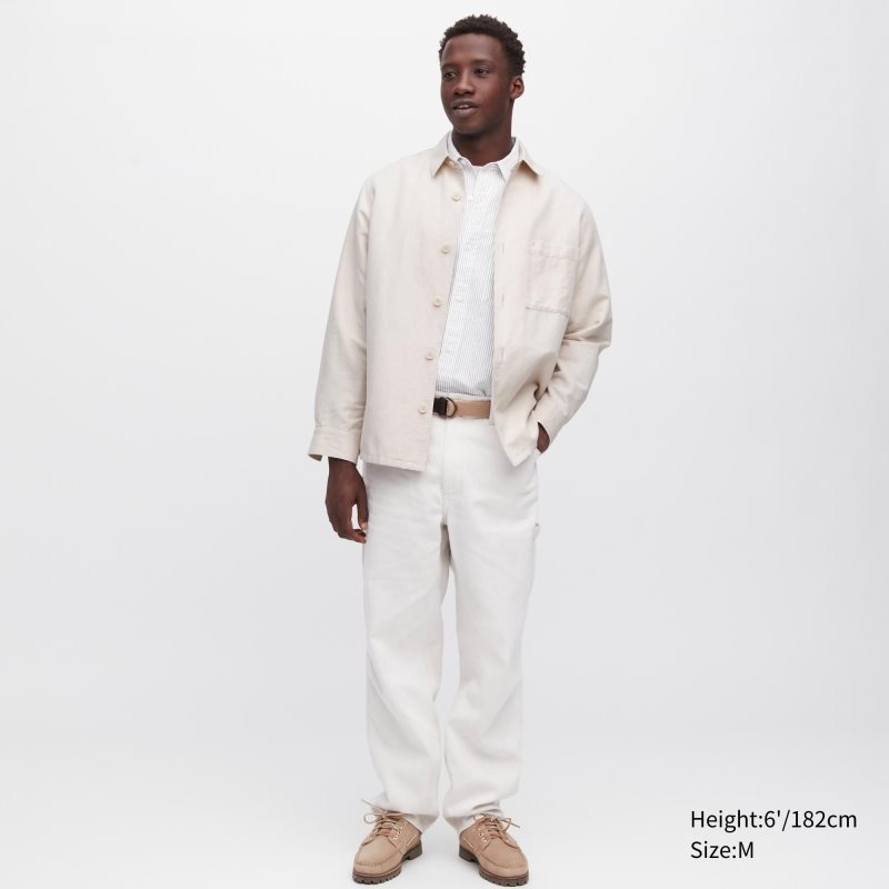 Beige Uniqlo Cotton Linen Over Shirt Men Jackets | 3918569
