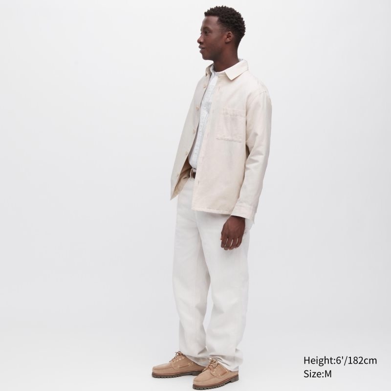 Beige Uniqlo Cotton Linen Over Shirt Men Jackets | 3918569