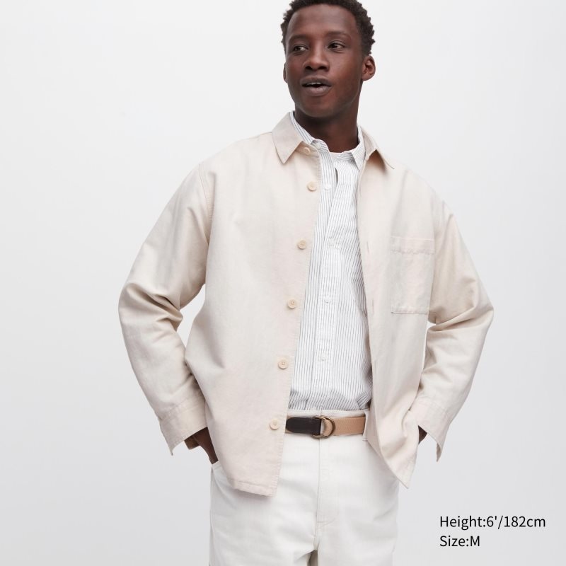 Beige Uniqlo Cotton Linen Over Shirt Men Jackets | 3918569