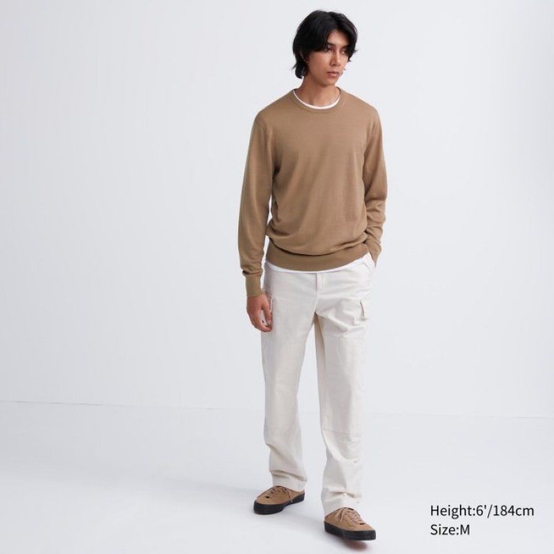 Beige Uniqlo Extra Fine Merino Crew Neck Long-Sleeve Women Sweaters | 9958402