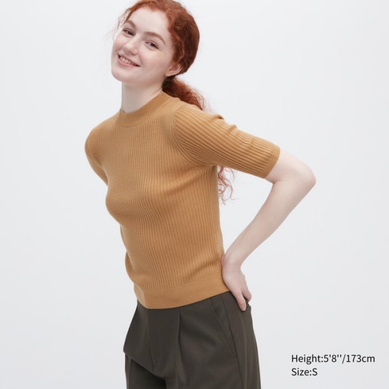 Beige Uniqlo Extra Fine Merino Ribbed Mock Neck Half-Sleeve Women Sweaters | 3950840