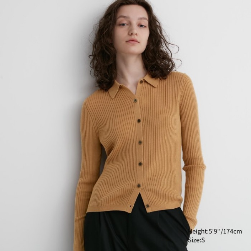 Beige Uniqlo Extra Fine Merino Ribbed Polo Women Cardigan | 1704575