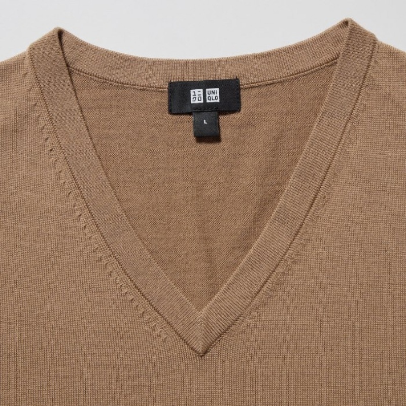 Beige Uniqlo Extra Fine Merino V-Neck Long-Sleeve Women Sweaters | 4991298
