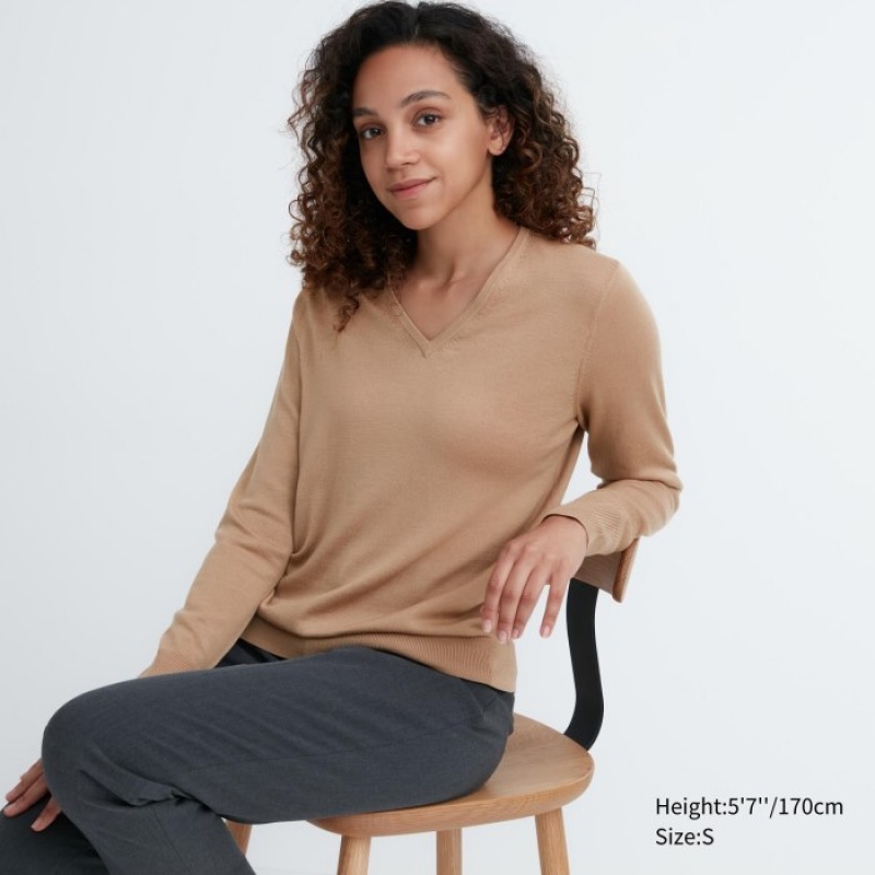 Beige Uniqlo Extra Fine Merino V-Neck Long-Sleeve Women Sweaters | 324057