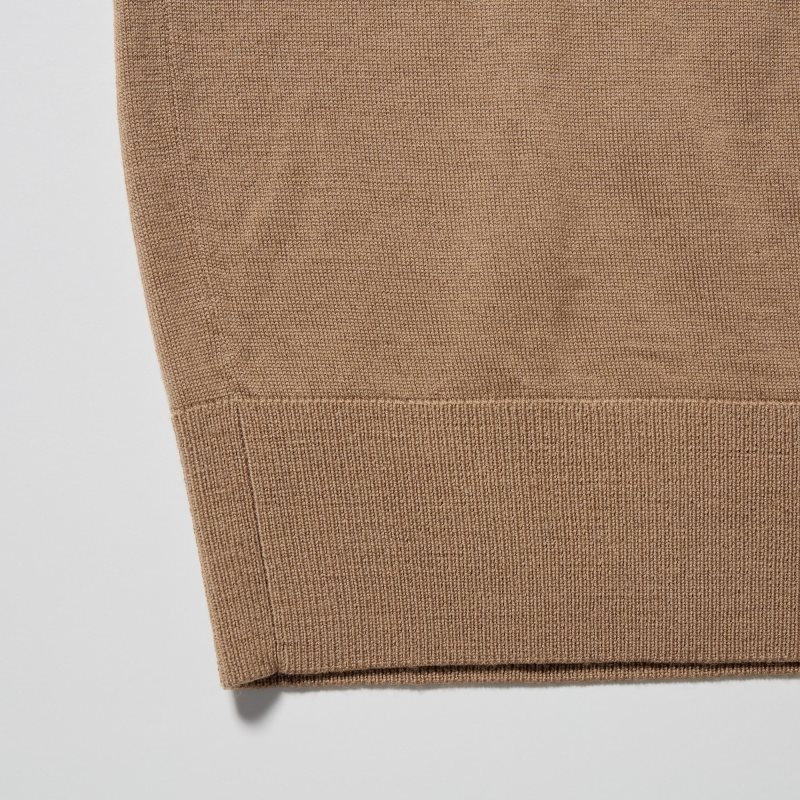 Beige Uniqlo Extra Fine Merino V-neck Men Sweaters | 1637263