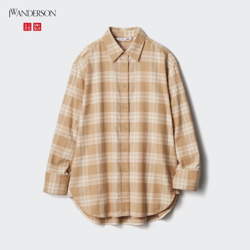 Beige Uniqlo Flannel Checked Long-Sleeve Long Women Shirts | 3749833