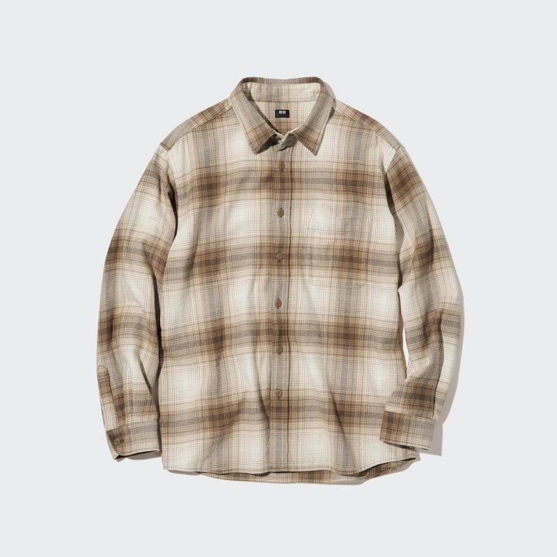 Beige Uniqlo Flannel Checked Long-sleeve Men Shirts | 3144814