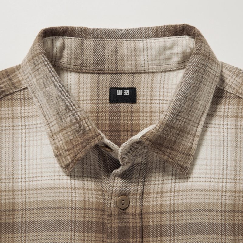 Beige Uniqlo Flannel Checked Long-sleeve Men Shirts | 3144814