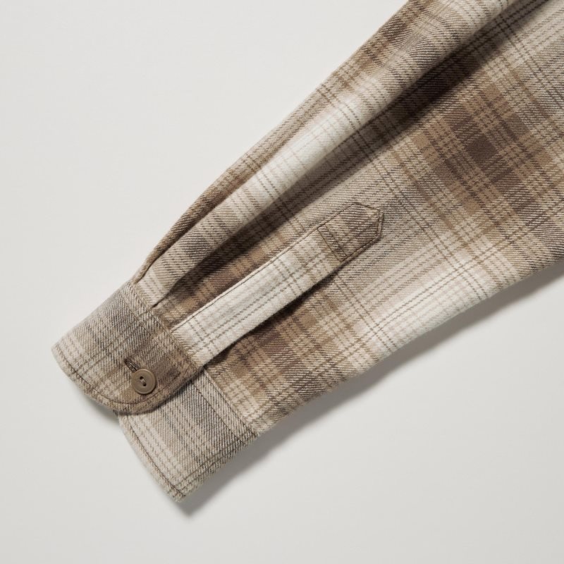 Beige Uniqlo Flannel Checked Long-sleeve Men Shirts | 3144814