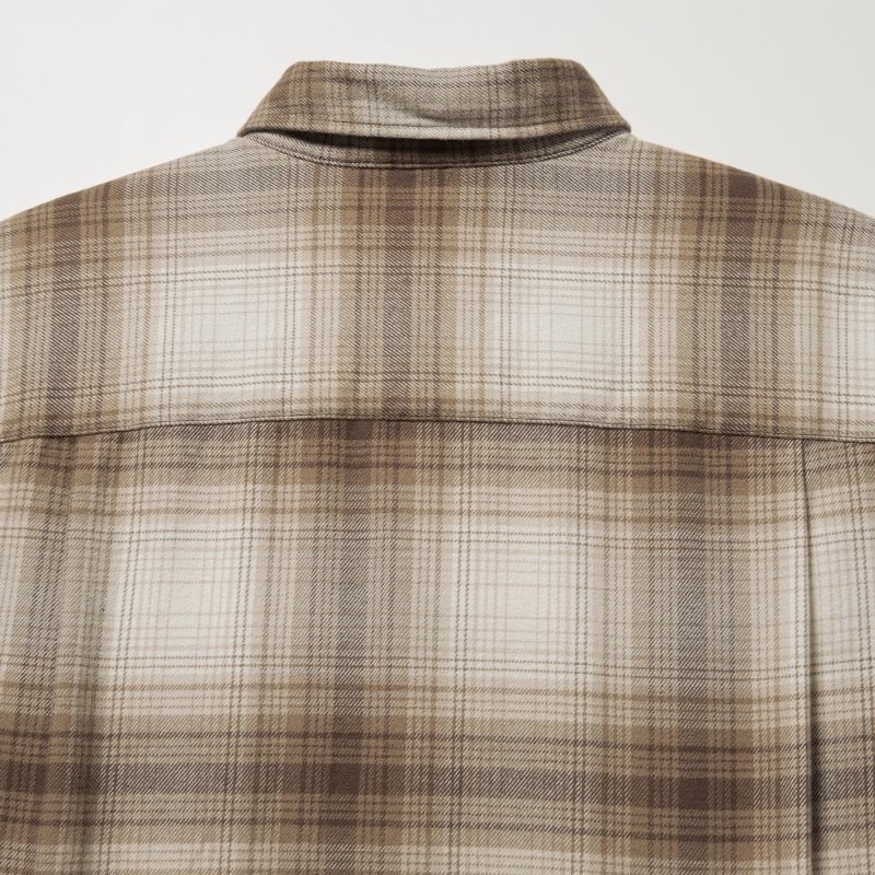 Beige Uniqlo Flannel Checked Long-sleeve Men Shirts | 3144814