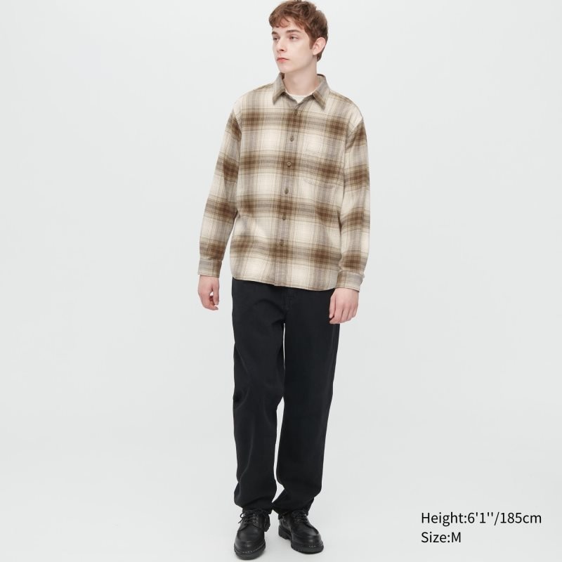 Beige Uniqlo Flannel Checked Long-sleeve Men Shirts | 3144814