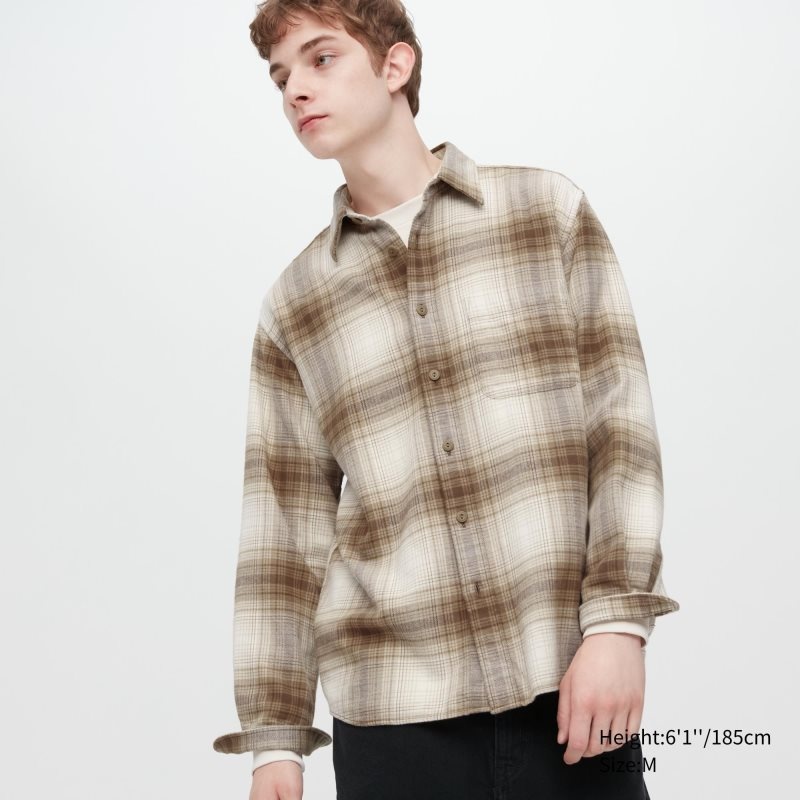 Beige Uniqlo Flannel Checked Long-sleeve Men Shirts | 3144814