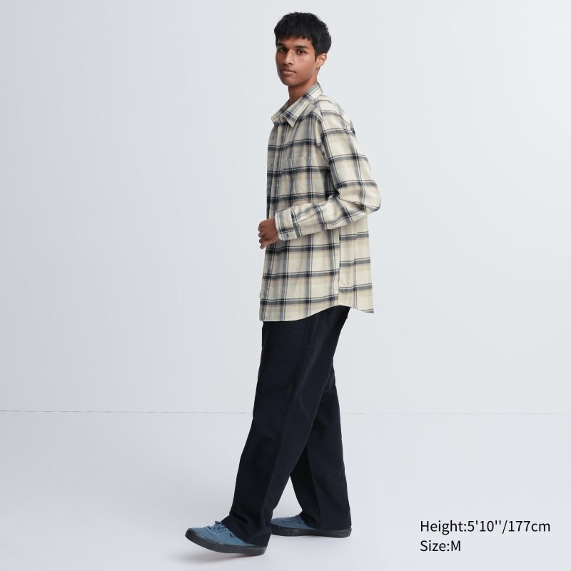 Beige Uniqlo Flannel Checked Long-sleeve Men Shirts | 6082488