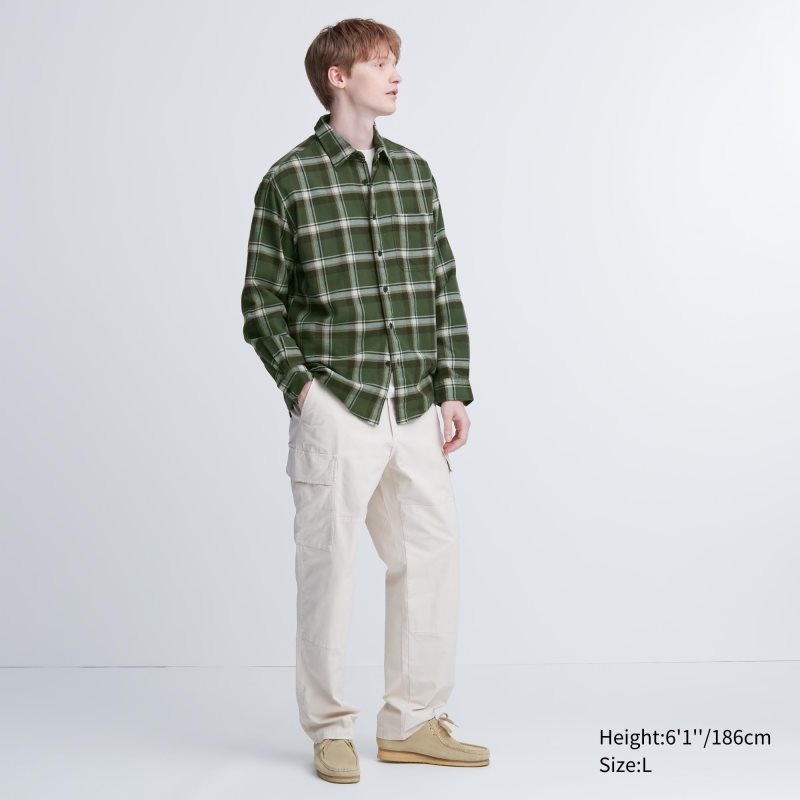 Beige Uniqlo Flannel Checked Long-sleeve Men Shirts | 6082488