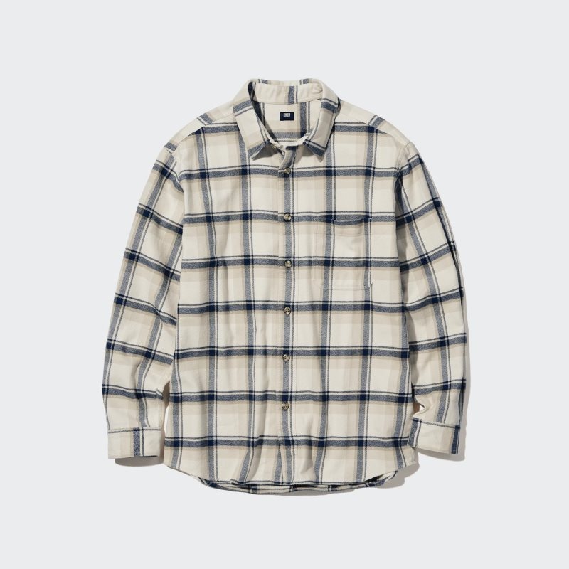 Beige Uniqlo Flannel Checked Long-sleeve Men Shirts | 6082488