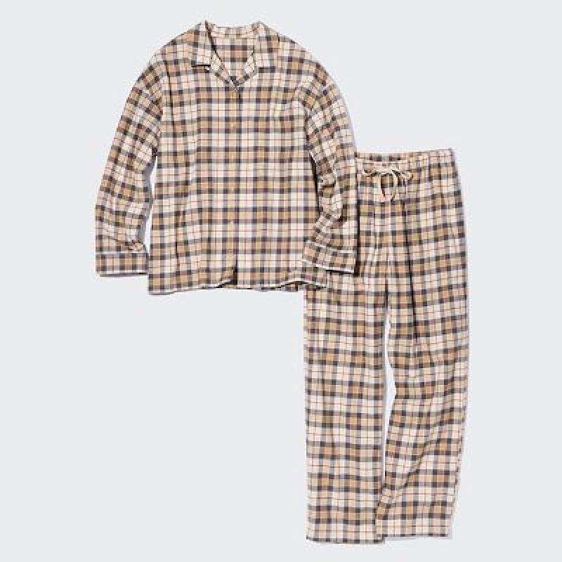 Beige Uniqlo Flannel Long-Sleeve Women Pajamas | 8180902