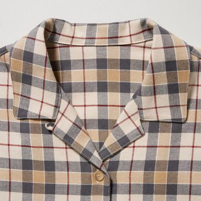 Beige Uniqlo Flannel Long-Sleeve Women Pajamas | 8180902