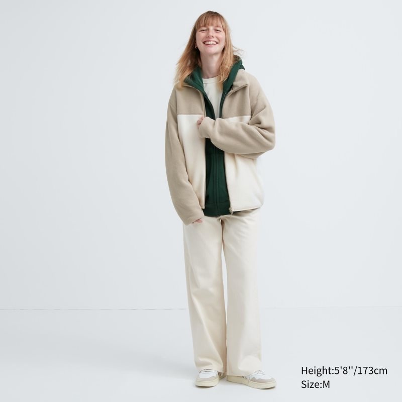 Beige Uniqlo Fleece Long Sleeve Full-zip Men Jackets | 6493006