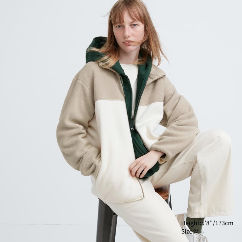 Beige Uniqlo Fleece Long Sleeve Full-zip Men Jackets | 6493006