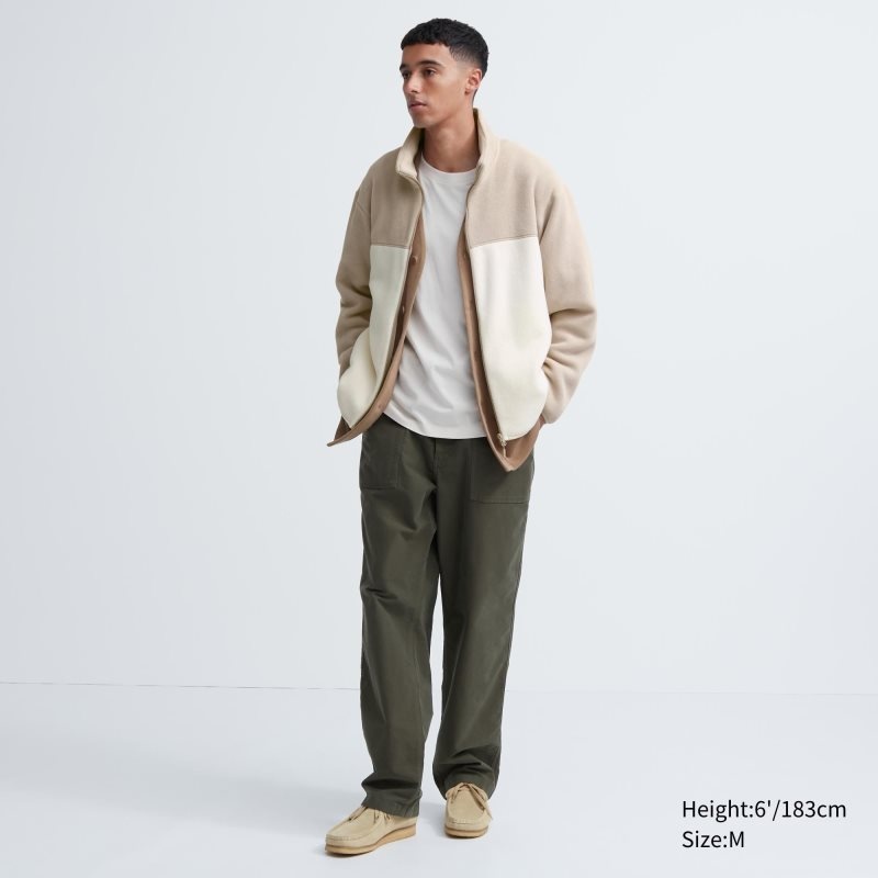 Beige Uniqlo Fleece Long Sleeve Full-zip Men Jackets | 6493006