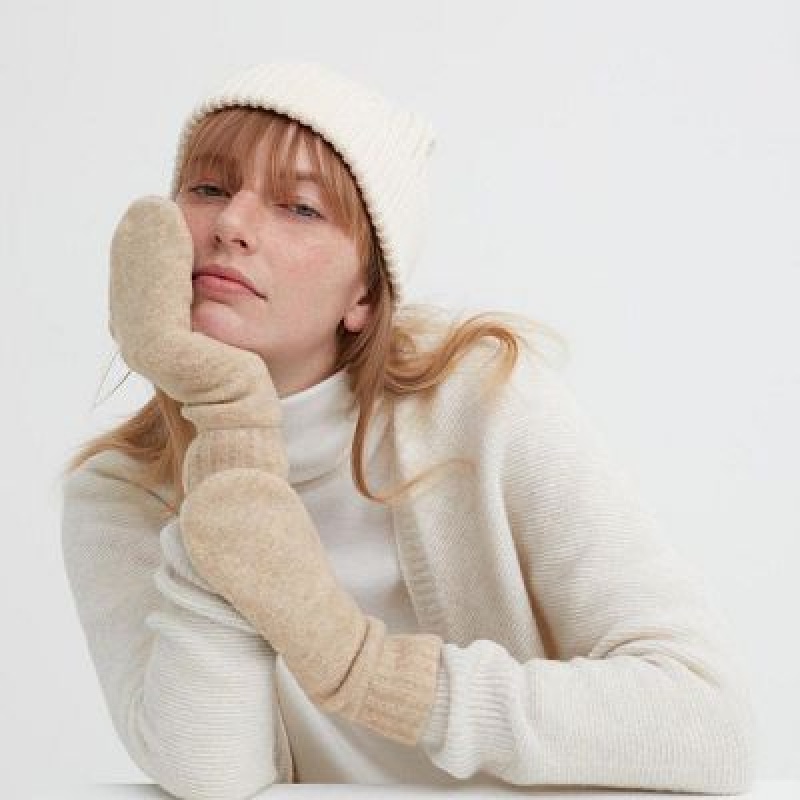 Beige Uniqlo HEATTECH Lining Souffle Yarn Mittens Women Gloves | 7258810