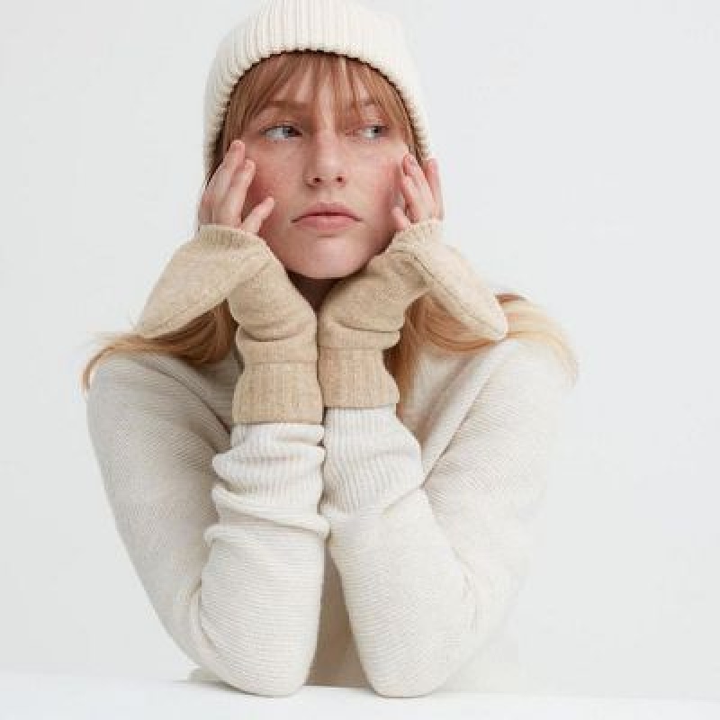 Beige Uniqlo HEATTECH Lining Souffle Yarn Mittens Women Gloves | 7258810