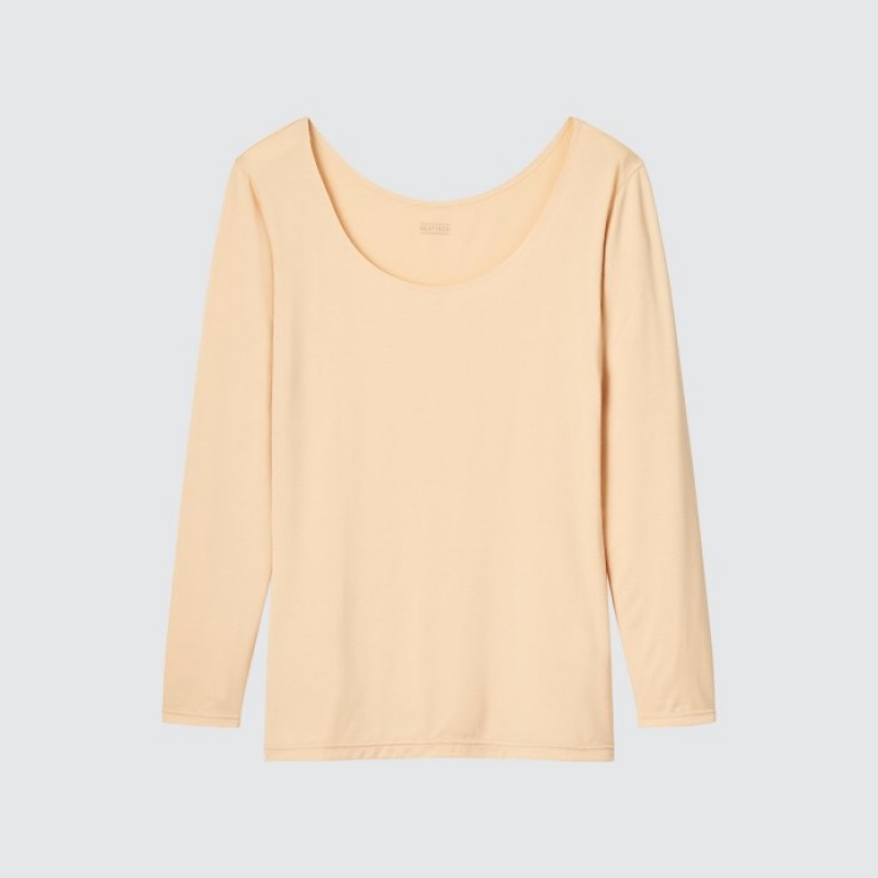Beige Uniqlo HEATTECH Scoop Neck Long-Sleeve Women T Shirts | 6544097