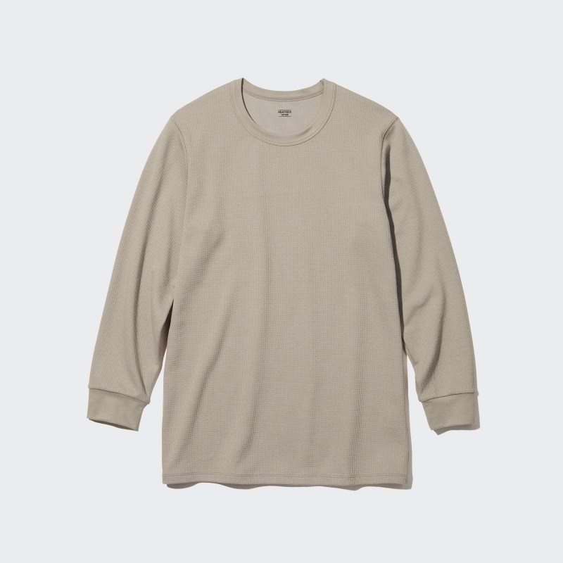 Beige Uniqlo Heattech Cotton Waffle Crew Neck Extra Warm Men T Shirts | 3004538
