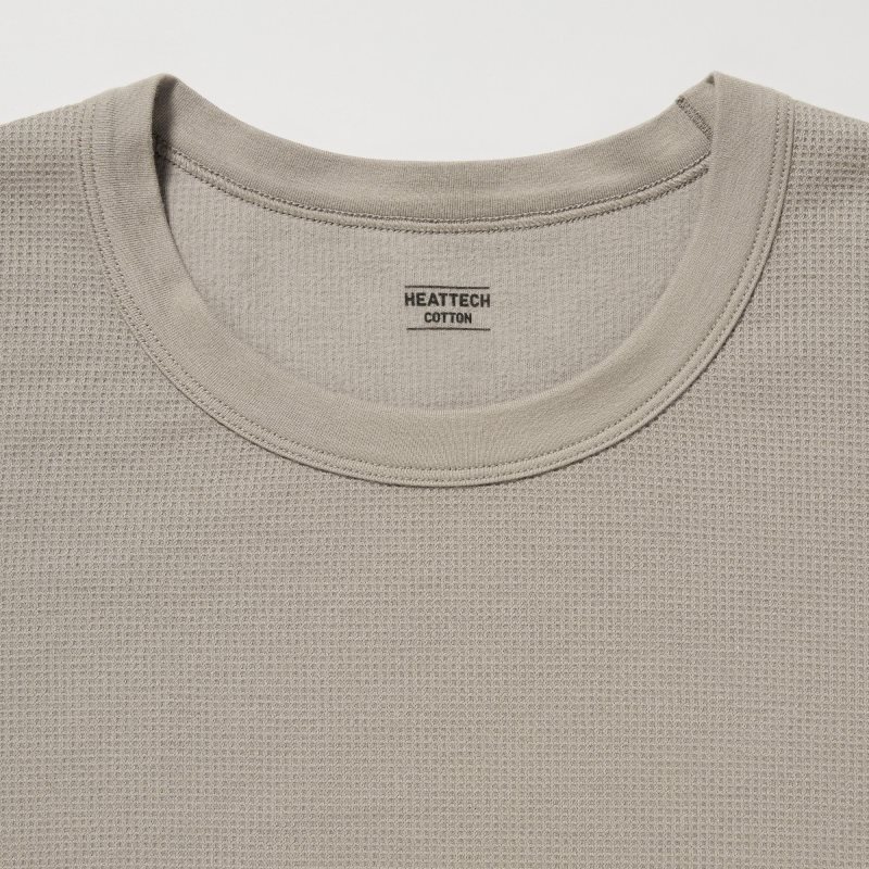 Beige Uniqlo Heattech Cotton Waffle Crew Neck Extra Warm Men T Shirts | 3004538