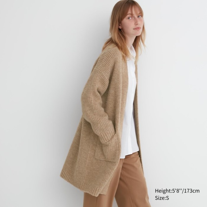 Beige Uniqlo Knitted Long Women Cardigan | 7971423