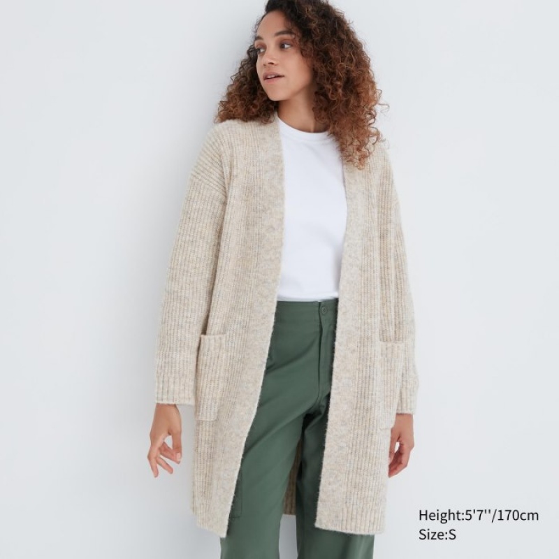 Beige Uniqlo Knitted Long Women Cardigan | 6556305