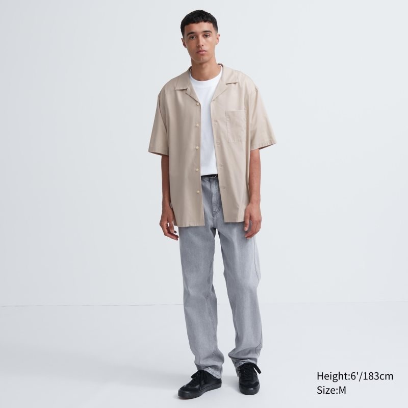 Beige Uniqlo Open Collar Short-sleeve Men Shirts | 2875613