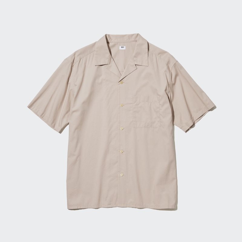 Beige Uniqlo Open Collar Short-sleeve Men Shirts | 2875613