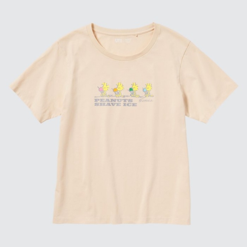 Beige Uniqlo Peanuts Hawaii UT Short-Sleeve Women T Shirts | 4304432