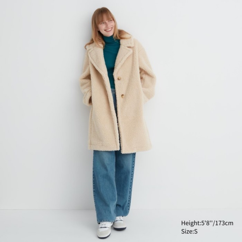 Beige Uniqlo Pile-Lined Fleece Tailored Women Coats | 4493497