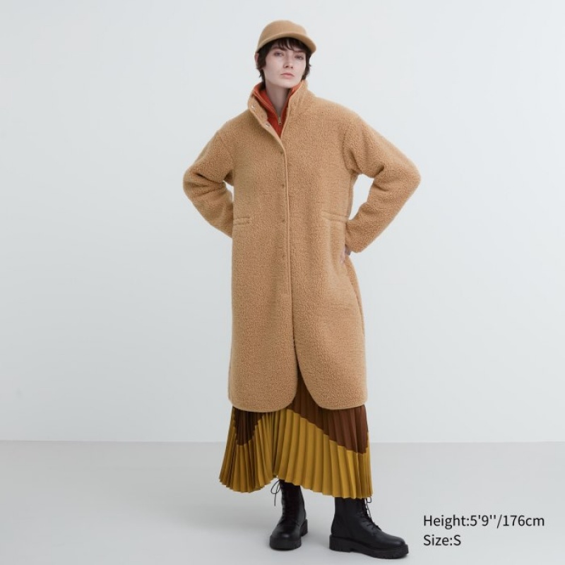 Beige Uniqlo Pile Lined Fleece Stand Collar Women Coats | 7390969
