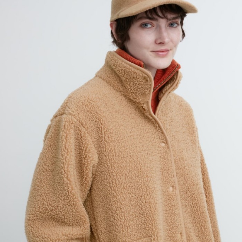 Beige Uniqlo Pile Lined Fleece Stand Collar Women Coats | 7390969