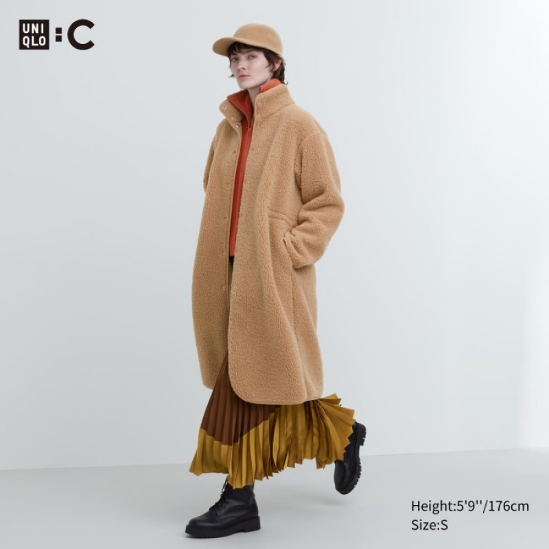 Beige Uniqlo Pile Lined Fleece Stand Collar Women Coats | 7390969