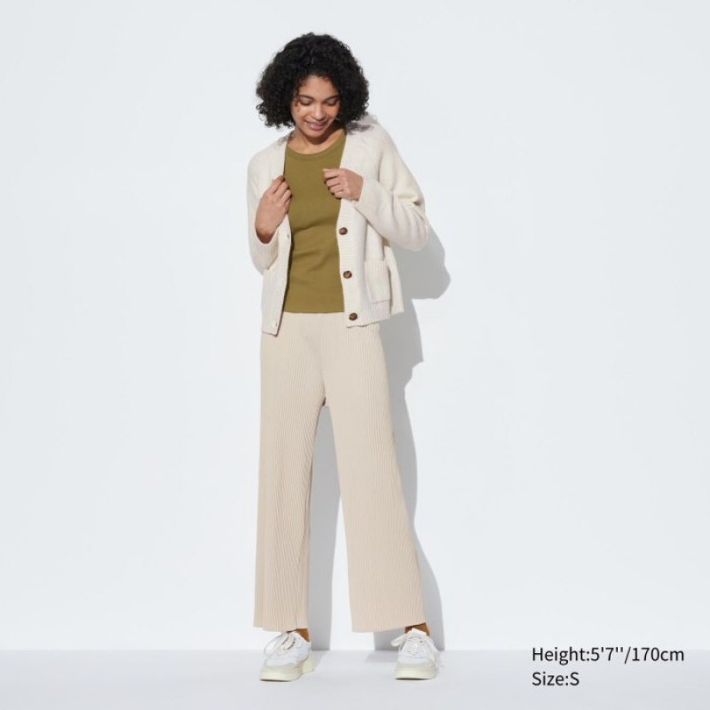 Beige Uniqlo Pleated Straight Women Pants | 8947899