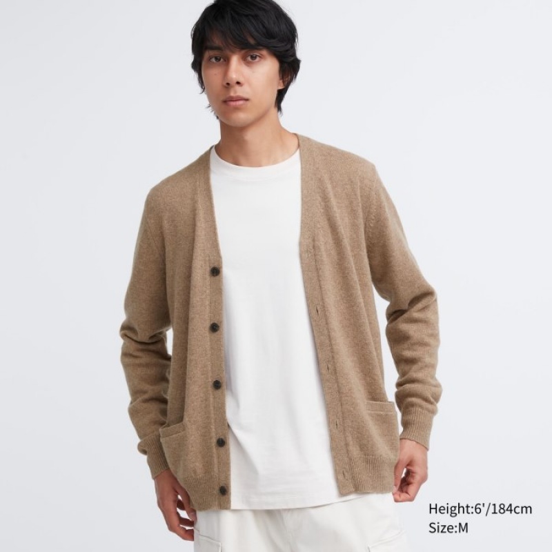 Beige Uniqlo Premium Lambswool V-Neck Women Cardigan | 6864767