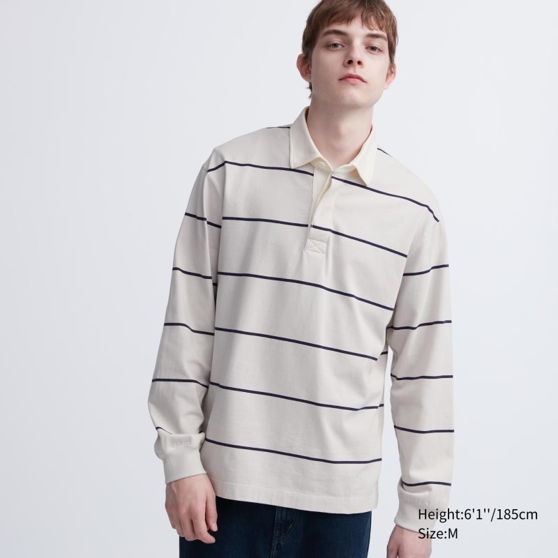 Beige Uniqlo Rugger Long-sleeve Men Polo Shirts | 9720191