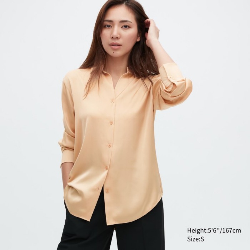 Beige Uniqlo Satin Long-Sleeve Women Blouse | 4343300