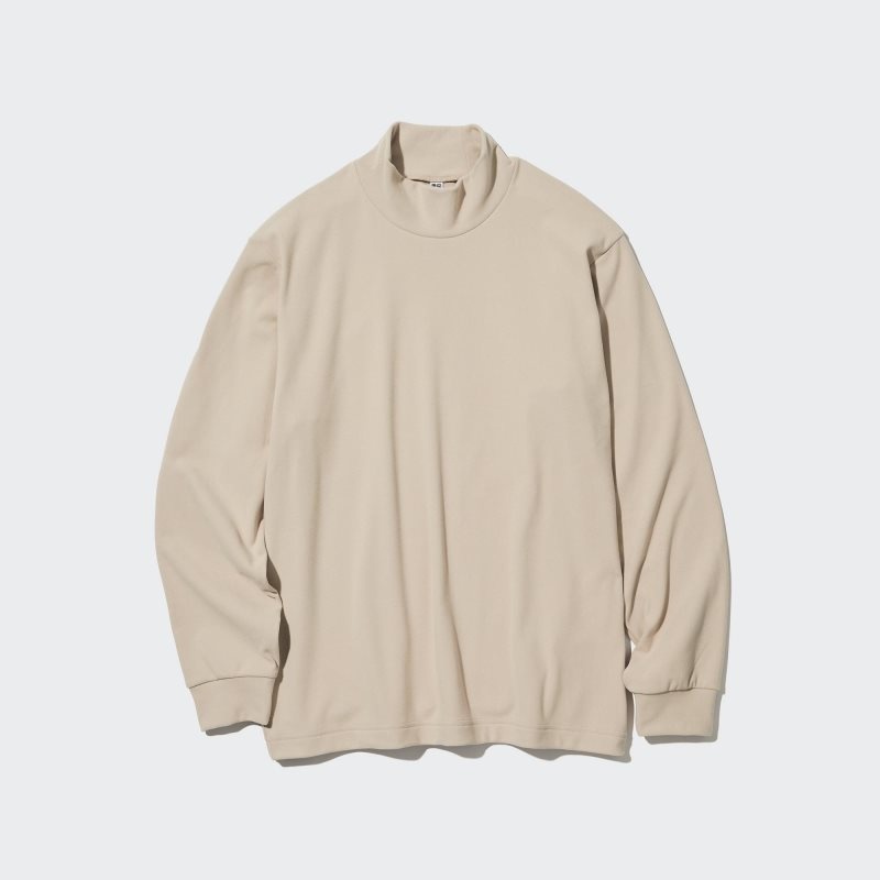 Beige Uniqlo Smooth Fleece Mock Neck Men T Shirts | 8035074