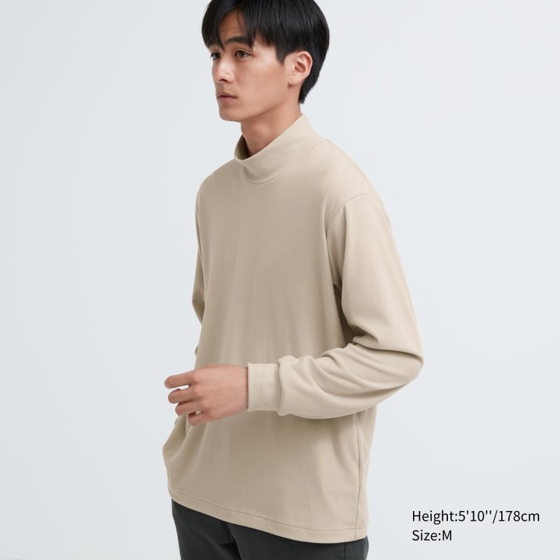 Beige Uniqlo Smooth Fleece Mock Neck Men T Shirts | 8035074