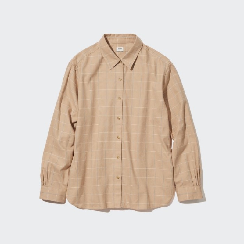 Beige Uniqlo Soft Brushed Checked Long-Sleeve Women Shirts | 5577433