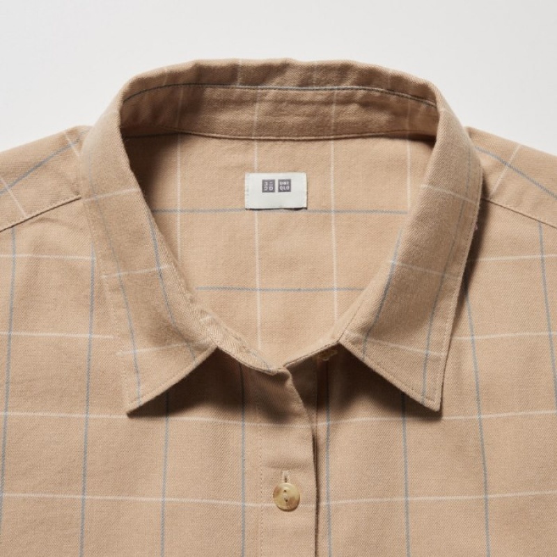 Beige Uniqlo Soft Brushed Checked Long-Sleeve Women Shirts | 5577433