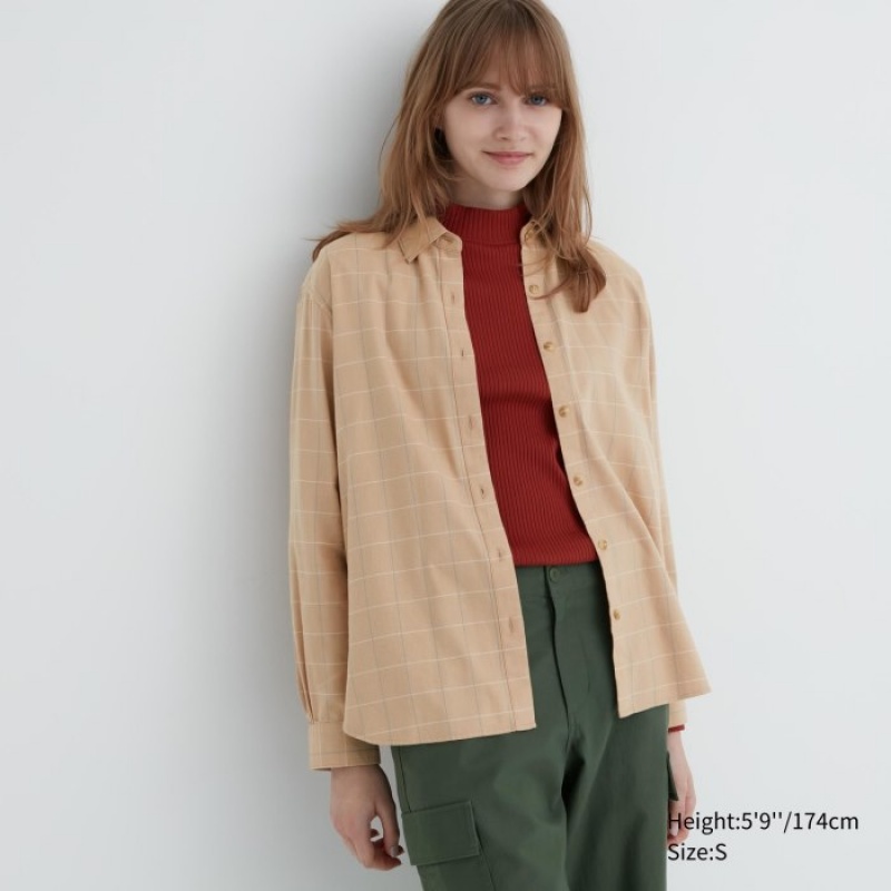 Beige Uniqlo Soft Brushed Checked Long-Sleeve Women Shirts | 5577433